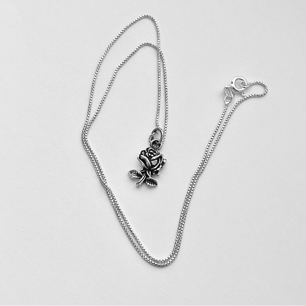 Sterling Silver Small Single Stem Rose Necklace, … - image 1